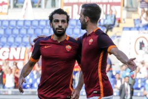 AS Roma's Salah celebrates after scoring against Sassuolo during their Serie A soccer match in Rome